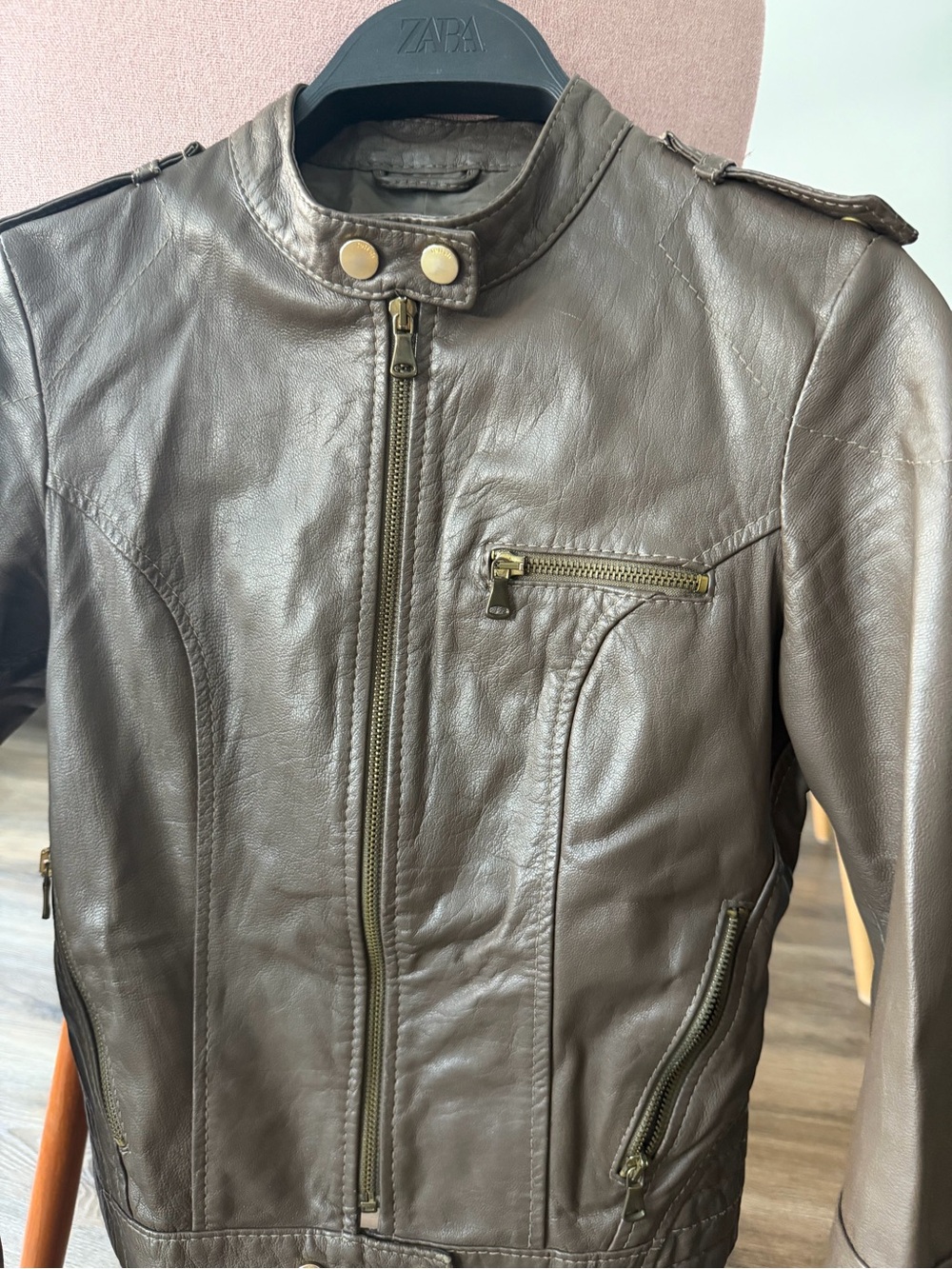 Dark Brown Leather Moto Jacket with Brass Hardware